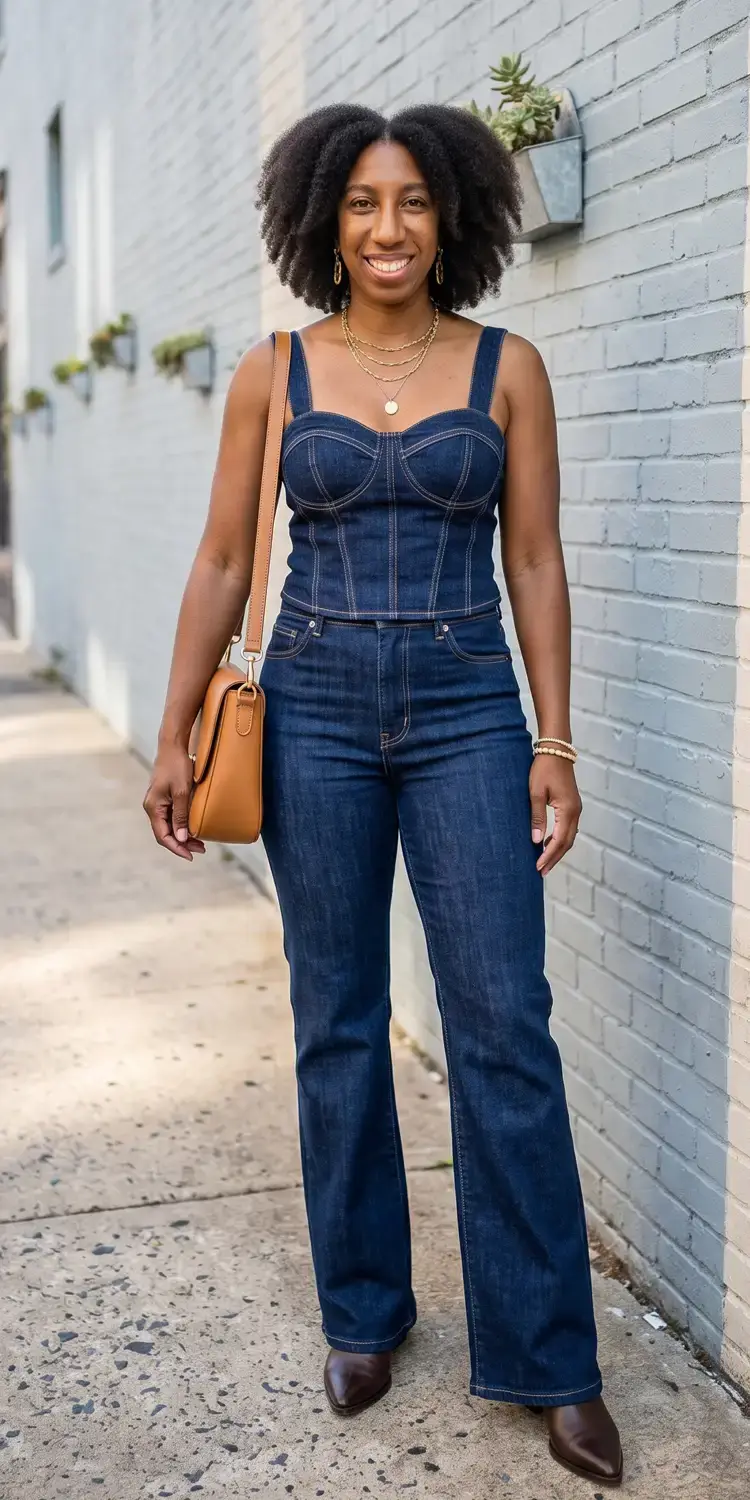 Dark Wash Denim Corset Top and Flare Leg Jeans