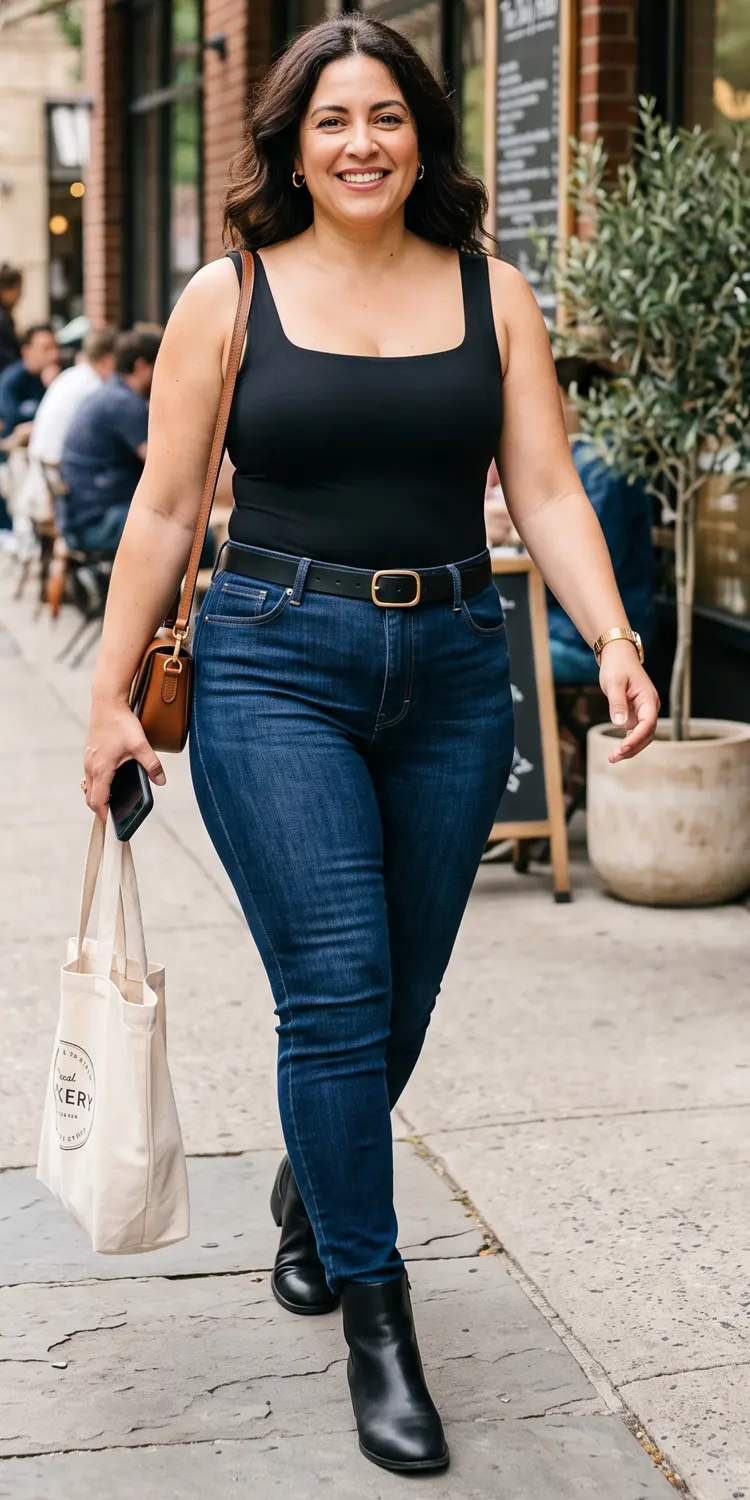 Dark Wash Sculpting Jeans Paired with a Square-Neck Bodysuit