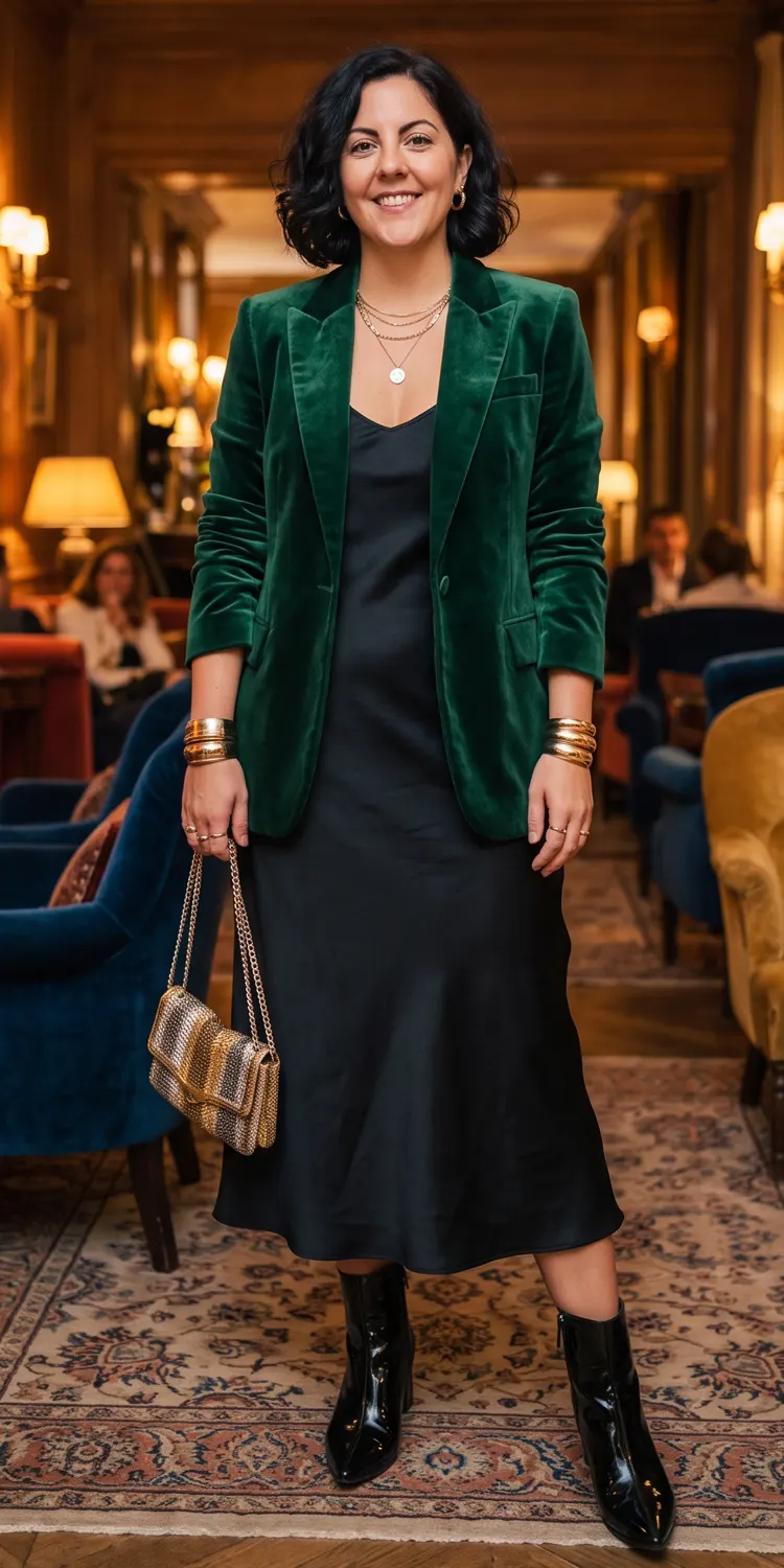 Deep Emerald Velvet Blazer Over a Sleek Bias Slip and Ankle Boots