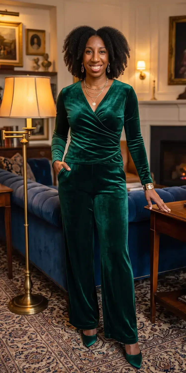 Deep Emerald Velvet Wrap Kimono Top and Matching Fluid Trousers