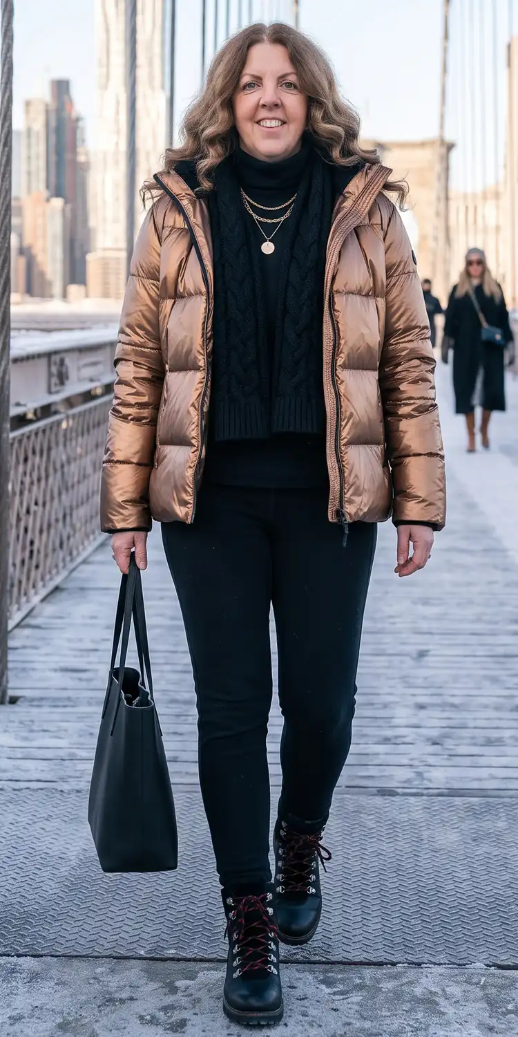 Deep Metallic Puffer Jacket Over Matte Thermal Layers and Chunky Scarves