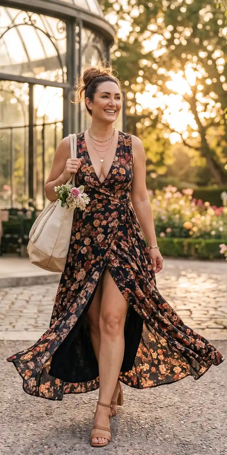 Deep Plunge Floral Wrap Maxi Dress with a Thigh-High Slit