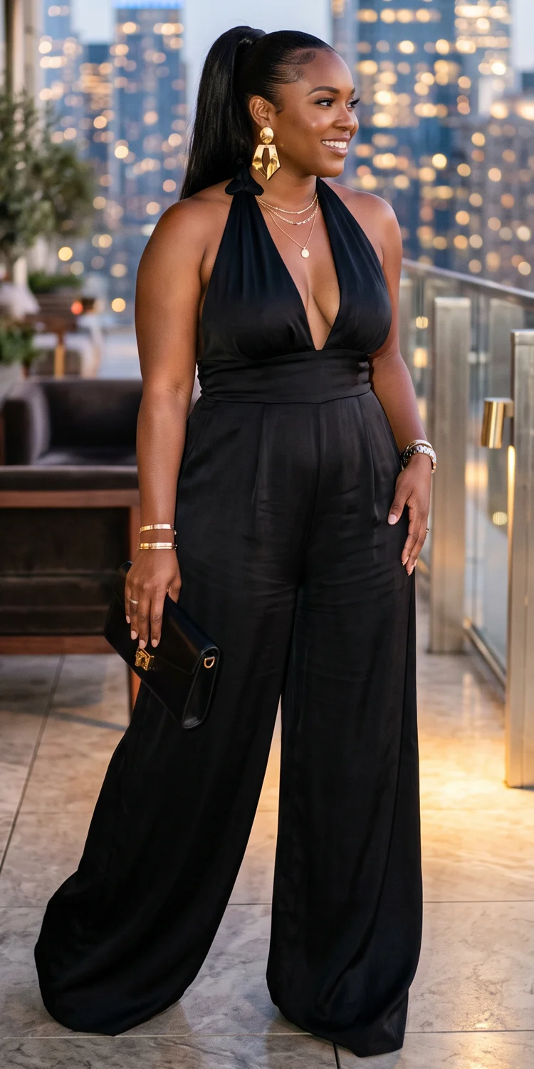 Deep Plunge Halter Jumpsuit with Architectural Gold Earrings
