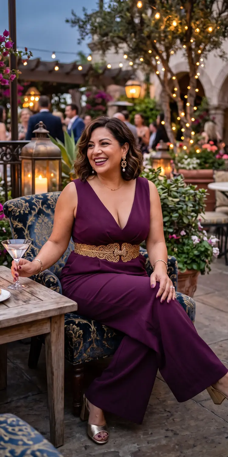 Deep V-Neck Structured Jumpsuit with an Under-Bust Accent Belt