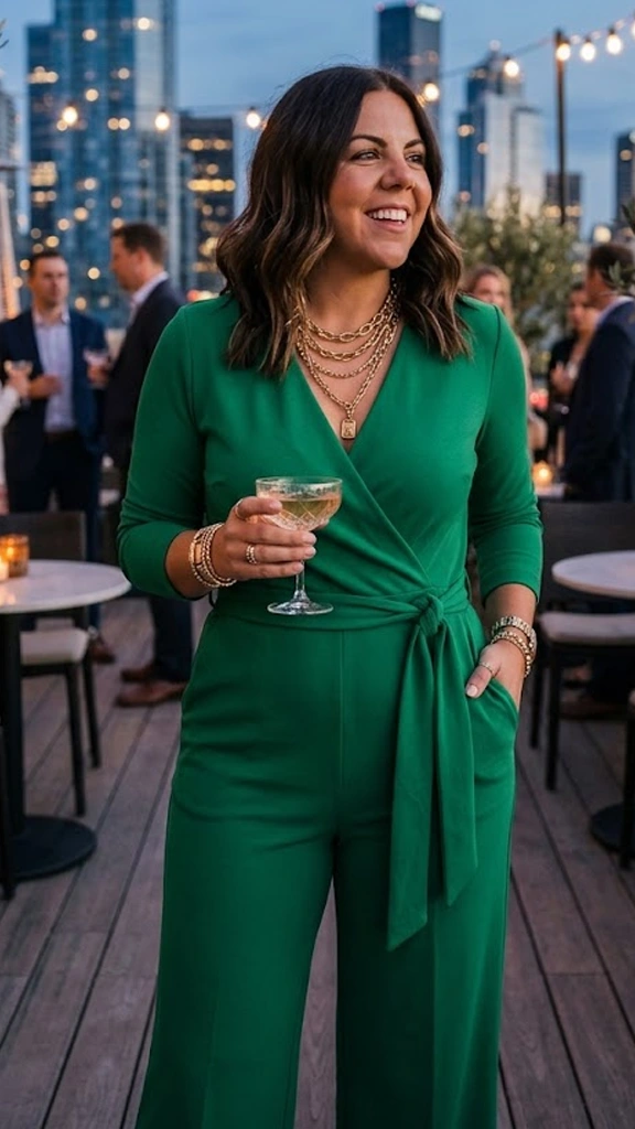 Deep Wrap-Front Jumpsuit Layered with Chunky Gold Chains
