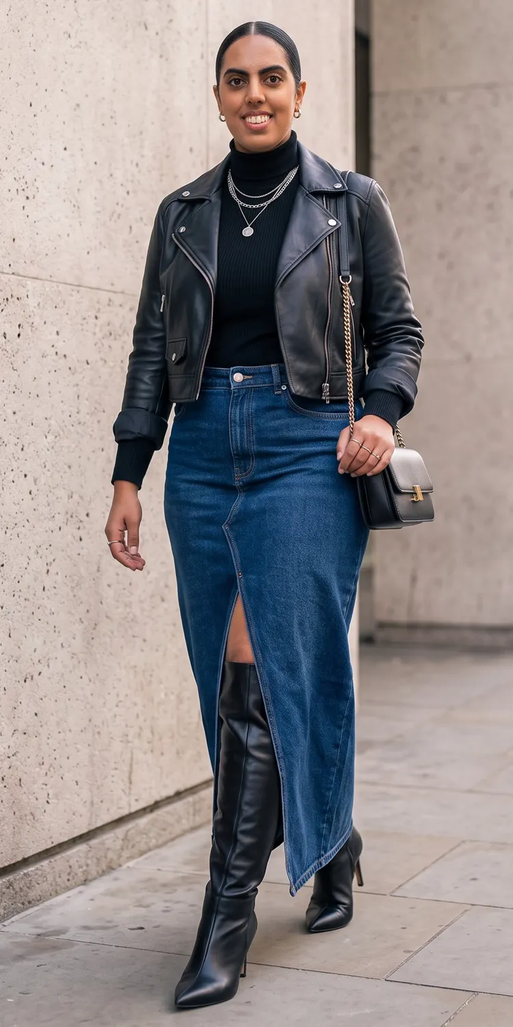 Denim Maxi Skirt with Front Slit Styled with Knee-High Leather Stiletto Boots