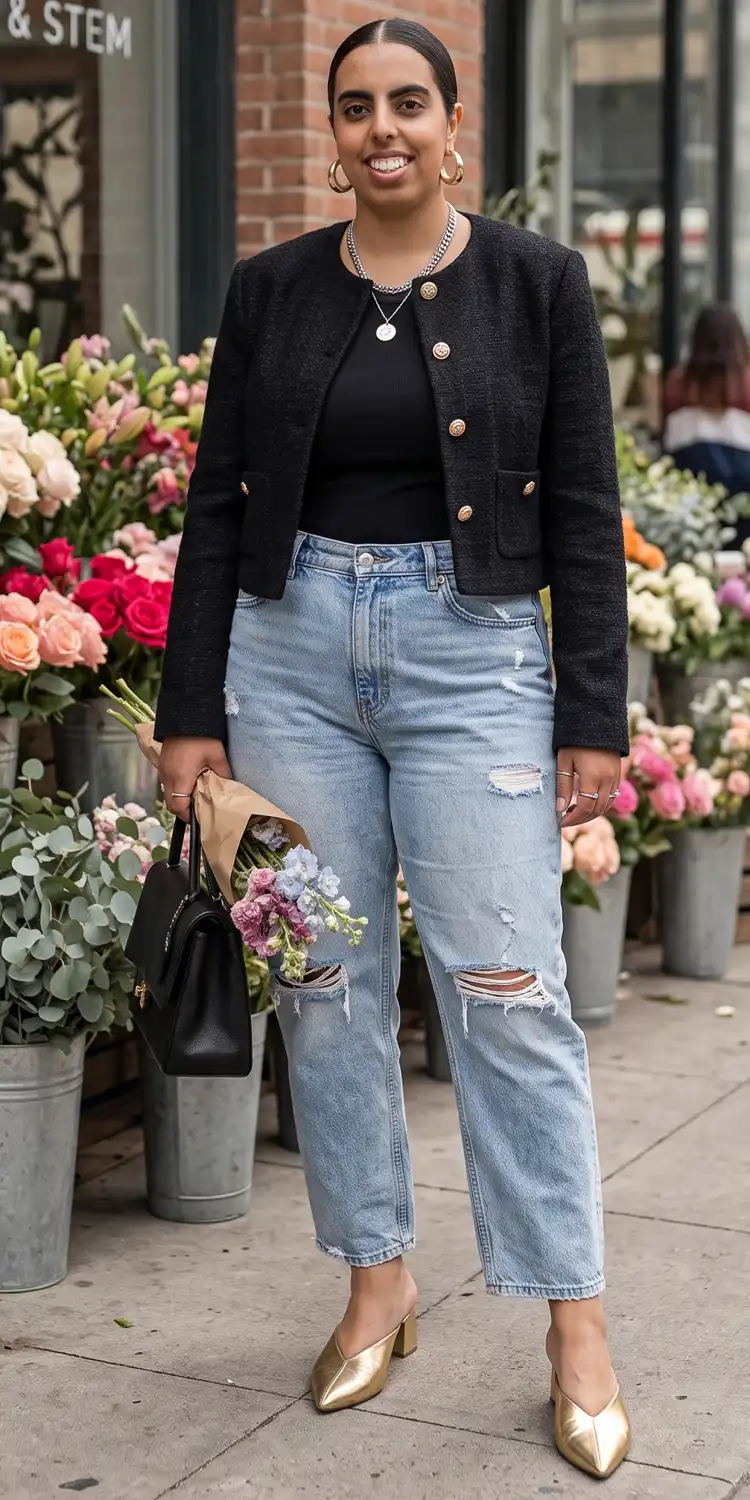 Distressed Boyfriend Denim Balanced with a Structured Tweed Jacket