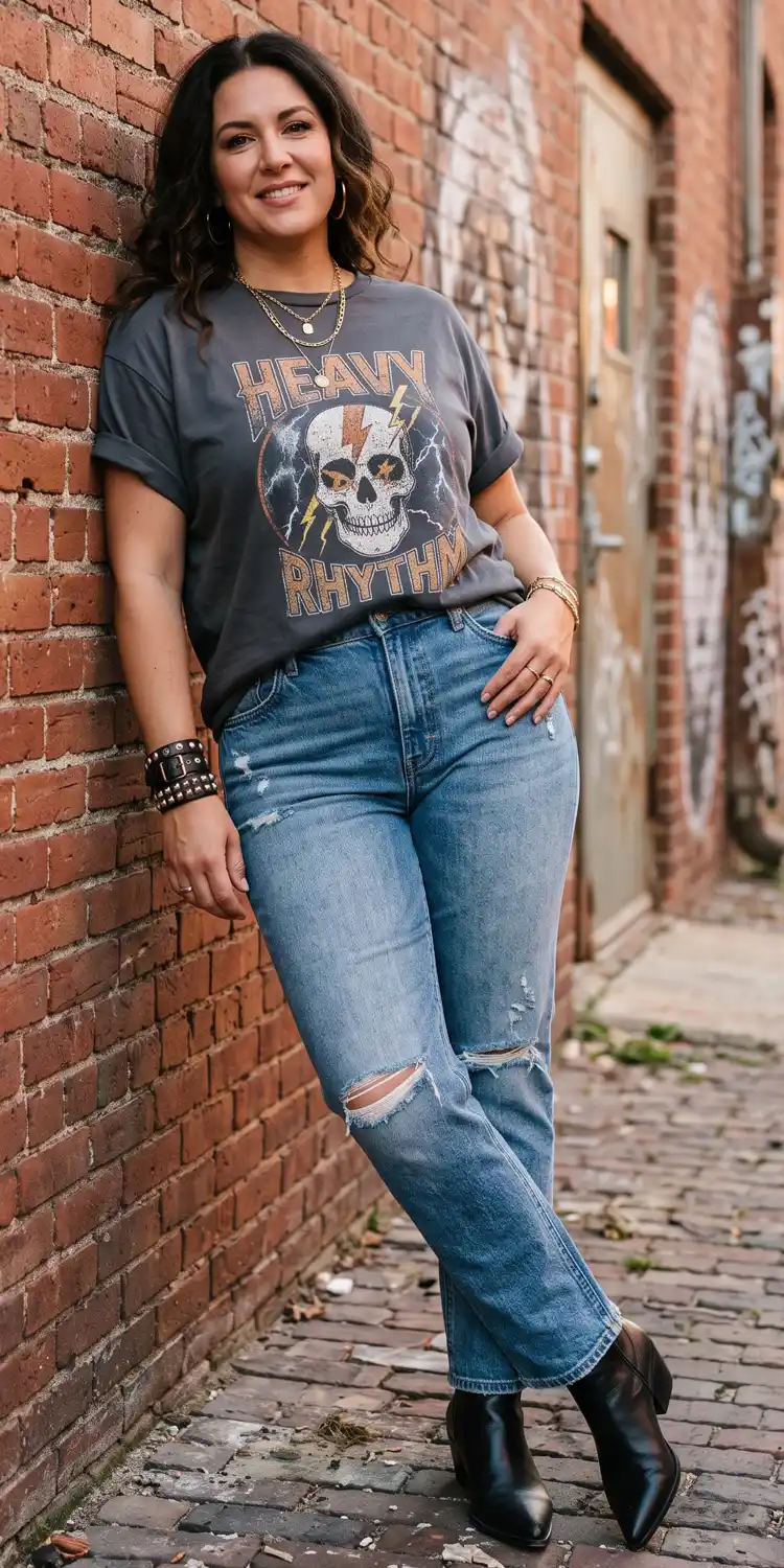 Distressed Straight-Leg Jeans with a Boxy Graphic Tee and Pointed Booties