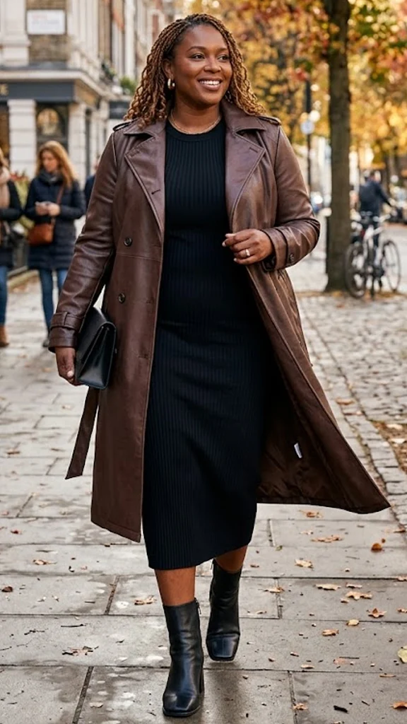 Double-Breasted Faux Leather Trench Over a Black Ribbed Column Dress