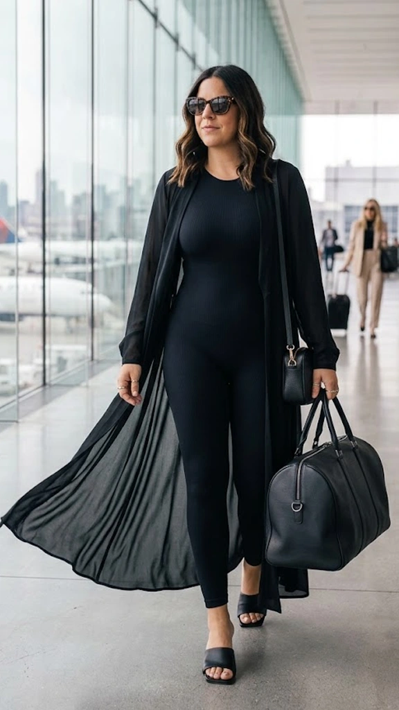Dramatic Floor-Length Duster Coat Over a Seamless Shaping Catsuit