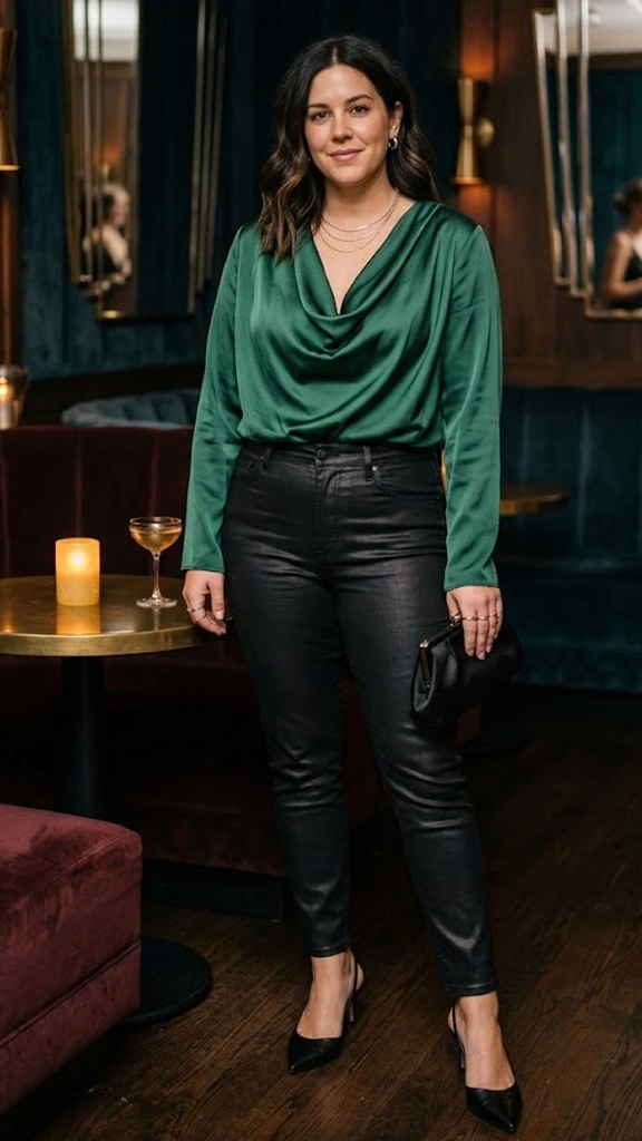 Draped Cowl-Neck Satin Blouse Tucked into High-Waist Coated Denim