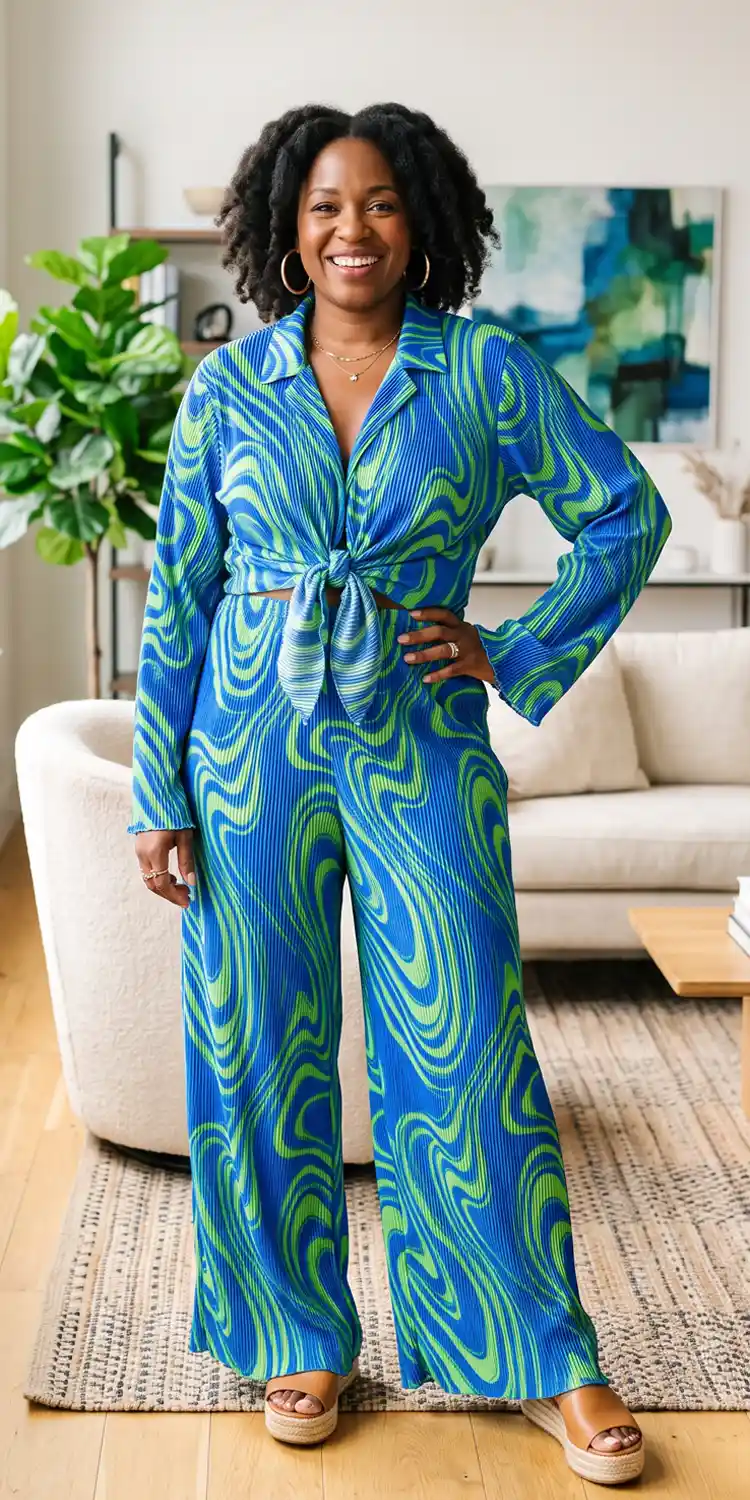 Electric Swirl Plissé Tie-Front Shirt and Matching Palazzo Pants
