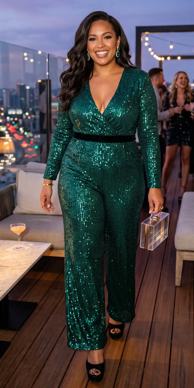 Emerald Green Deep-V Sequin Jumpsuit