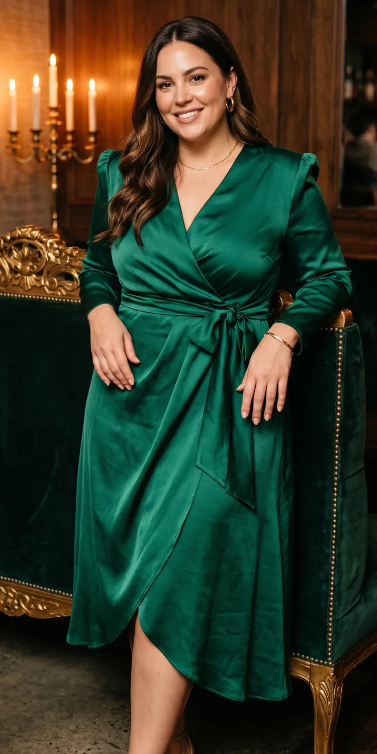Emerald Green Satin Wrap Midi Dress With Structured Padded Shoulders