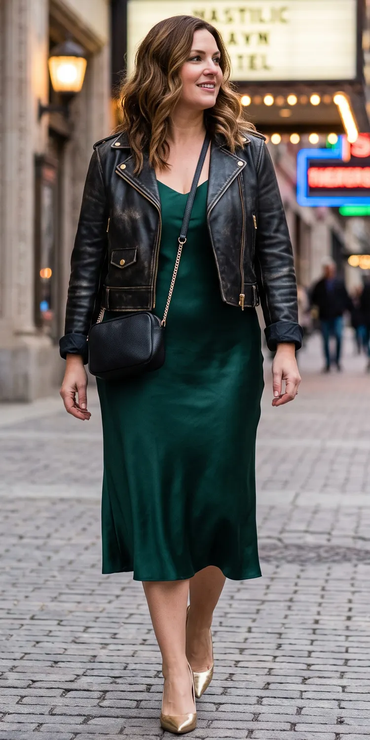 Emerald Satin Slip Dress Layered Under a Cropped Moto Jacket