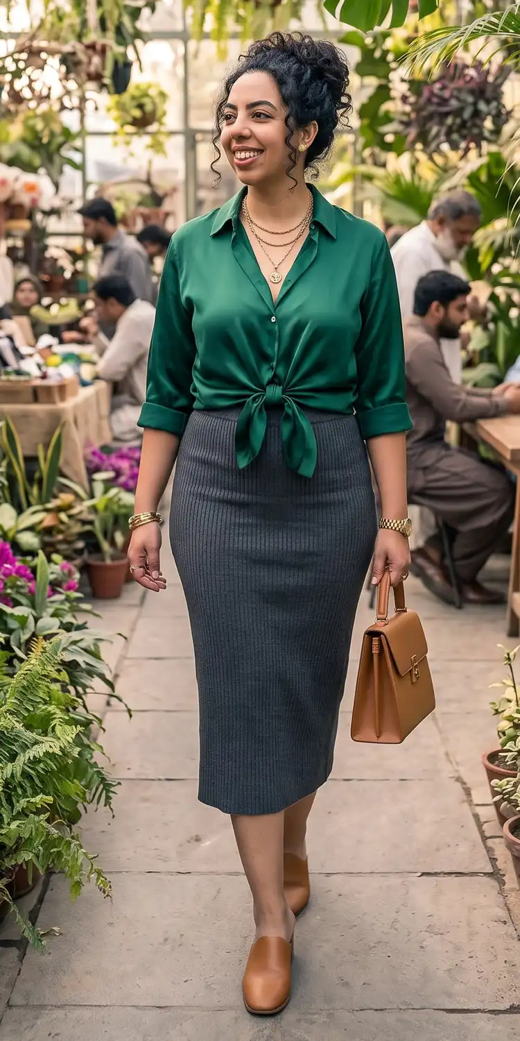 Emerald Silk Button-Up Tied at the Waist Over a Ribbed Knit Column Skirt