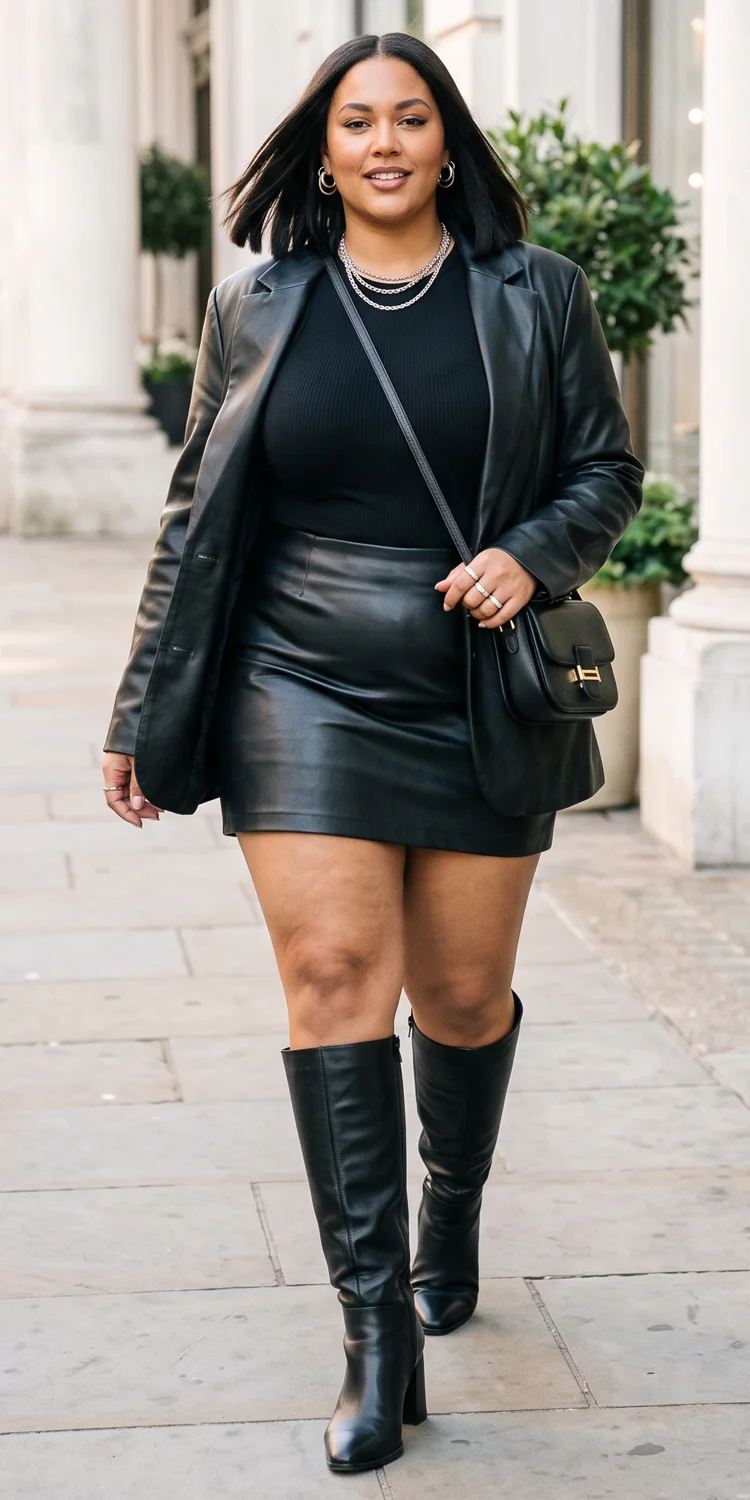 Faux Leather Blazer Over a Fitted Black Bodysuit and Leather Mini Skirt
