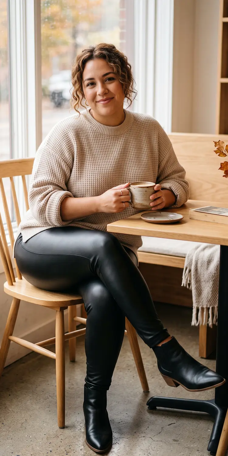 Faux Leather Leggings Paired with a Slouchy Textured Knit