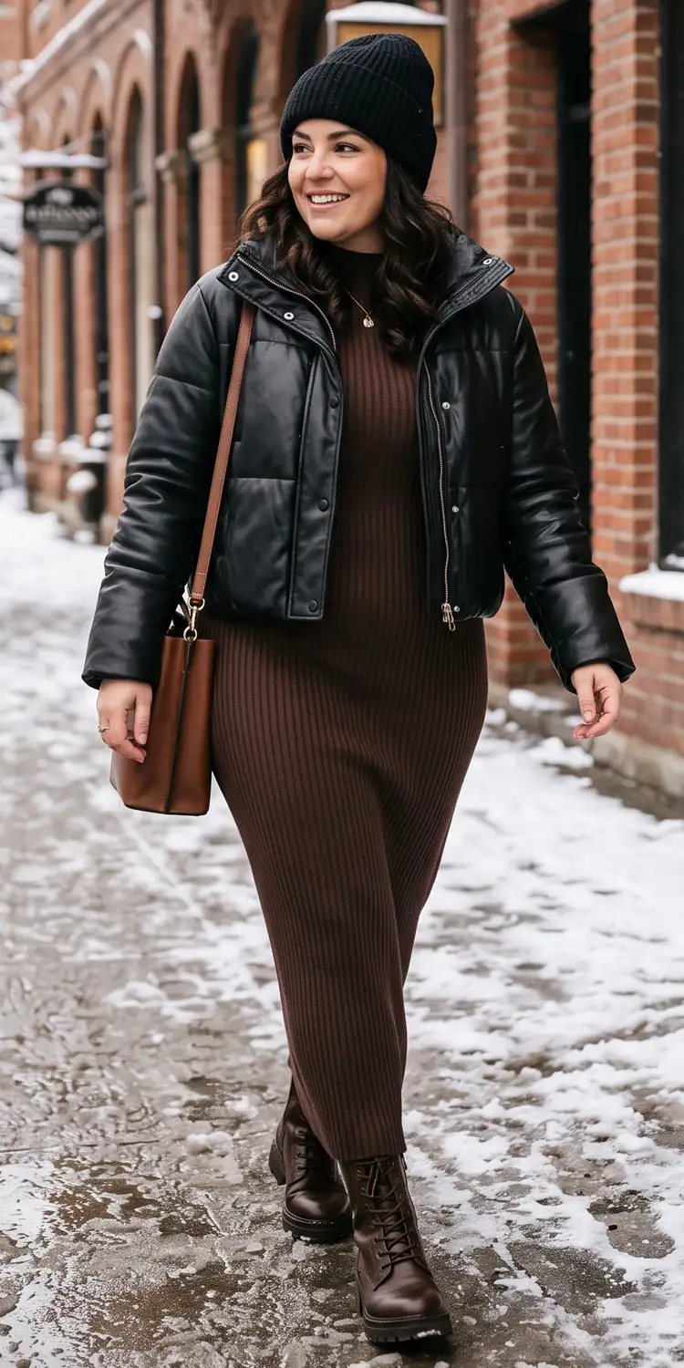 Faux Leather Puffer Over a Ribbed Knit Column Dress