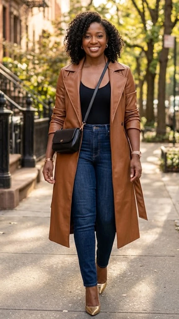 Faux Leather Trench Layered Over a Seamless Sculpting Bodysuit