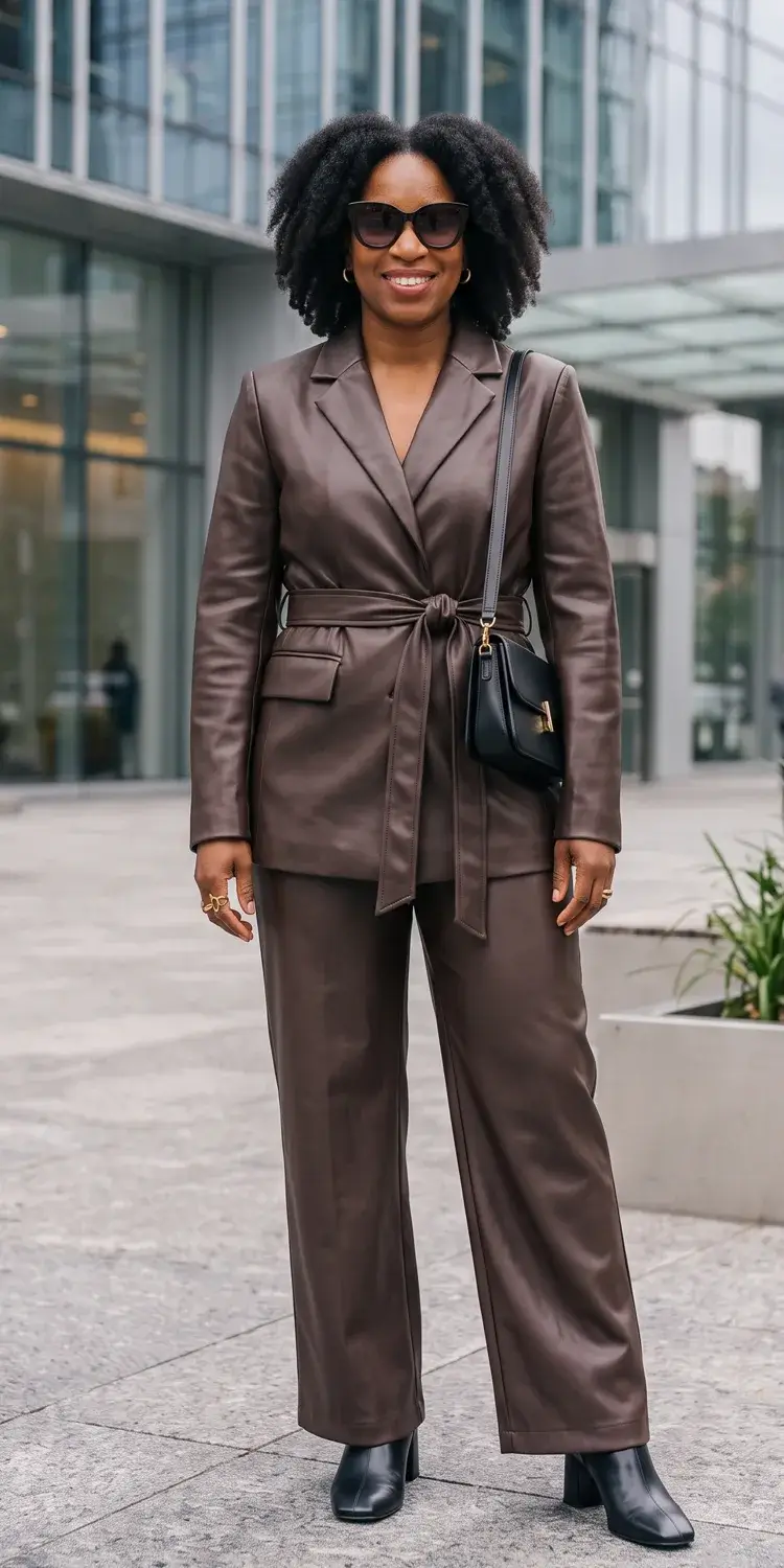 Faux Leather Wide-Leg Trousers and Belted Boxy Blazer Set