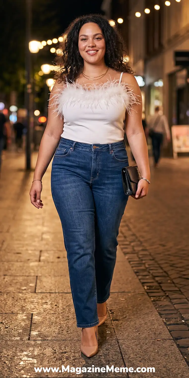 Feather-Trim Top with Straight-Leg Jeans