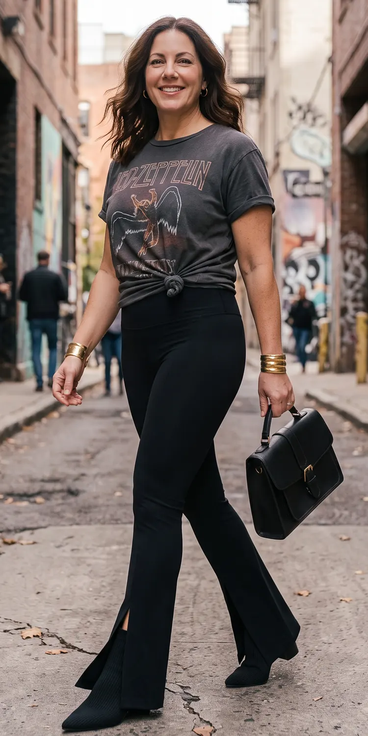 Fitted Graphic Tee Tied at the Hip With Flared Split-Hem Leggings