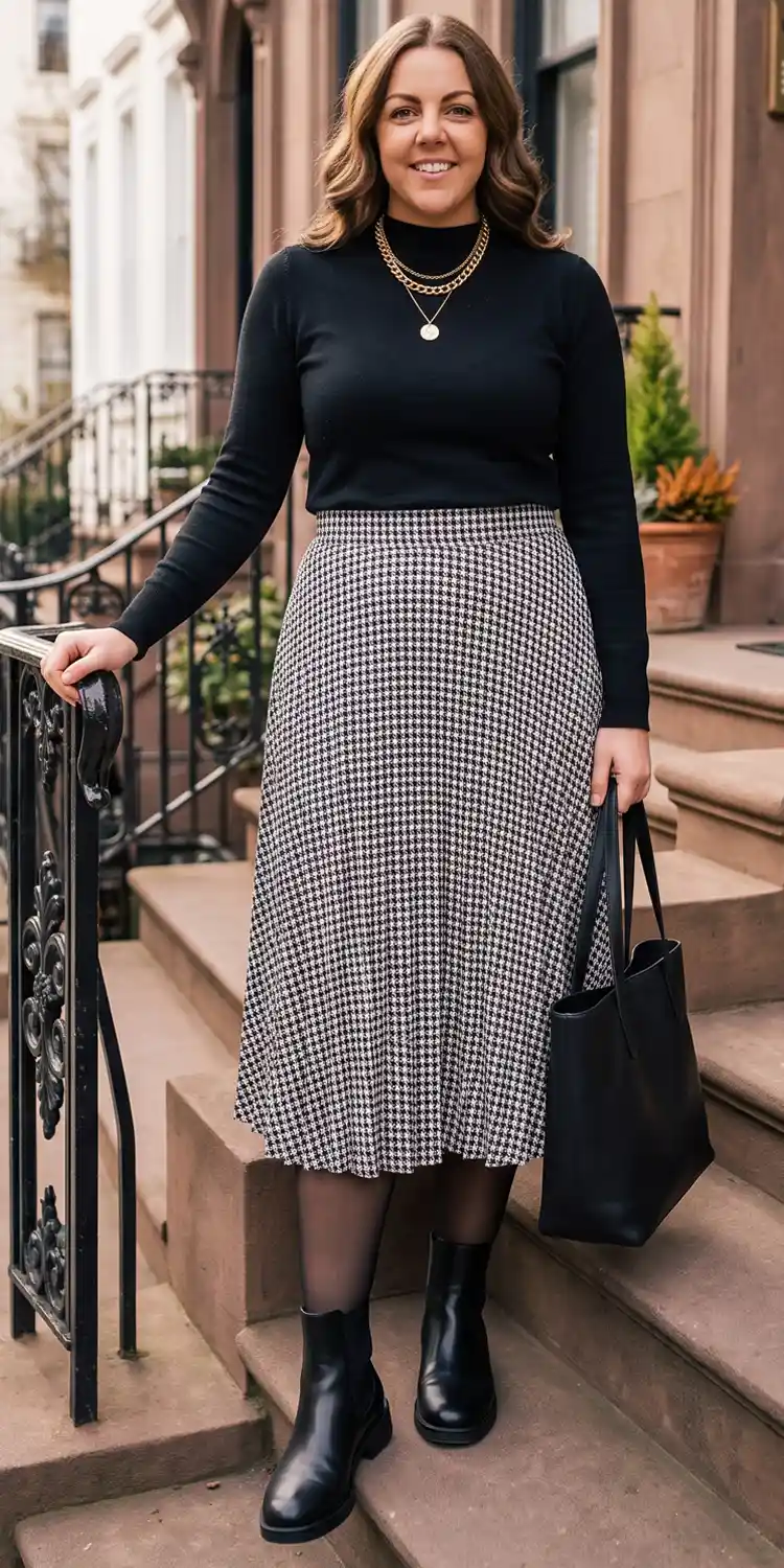 Fitted Mock-Neck Top Tucked into an A-Line Pleated Midi Skirt