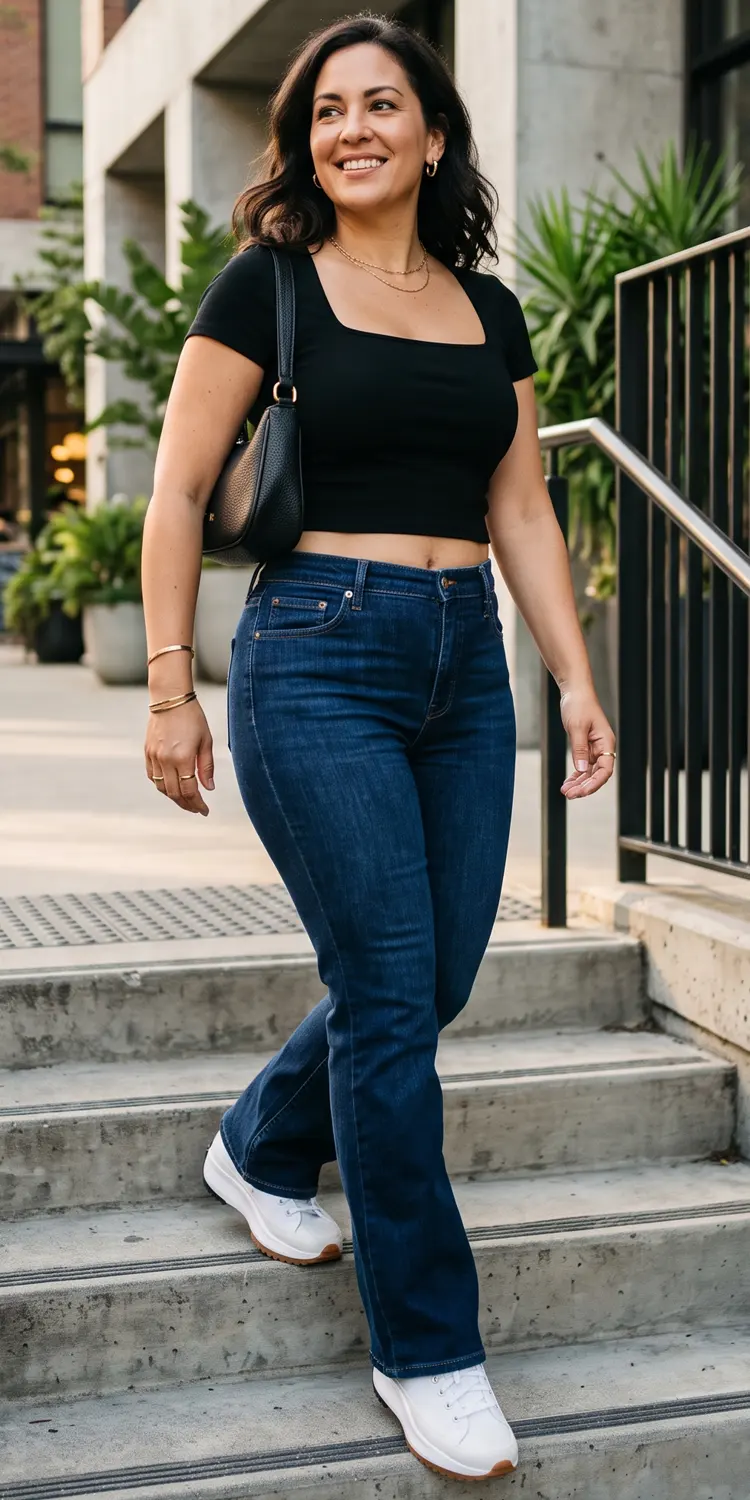 High-Waisted Dark Flare Jeans with a Square-Neck Crop Top