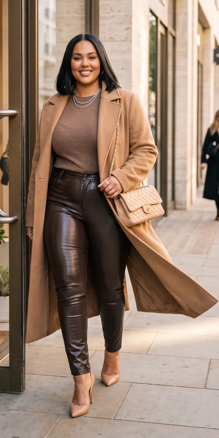 Floor-Length Camel Duster Over Chocolate Brown Coated Denim