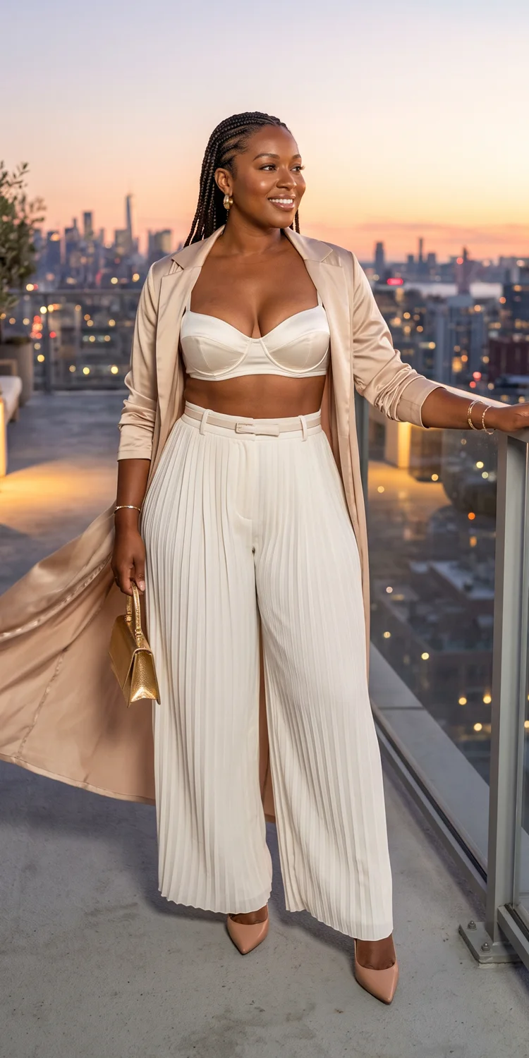 Floor-Length Satin Duster Coat Over A Molded Bralette And Trousers