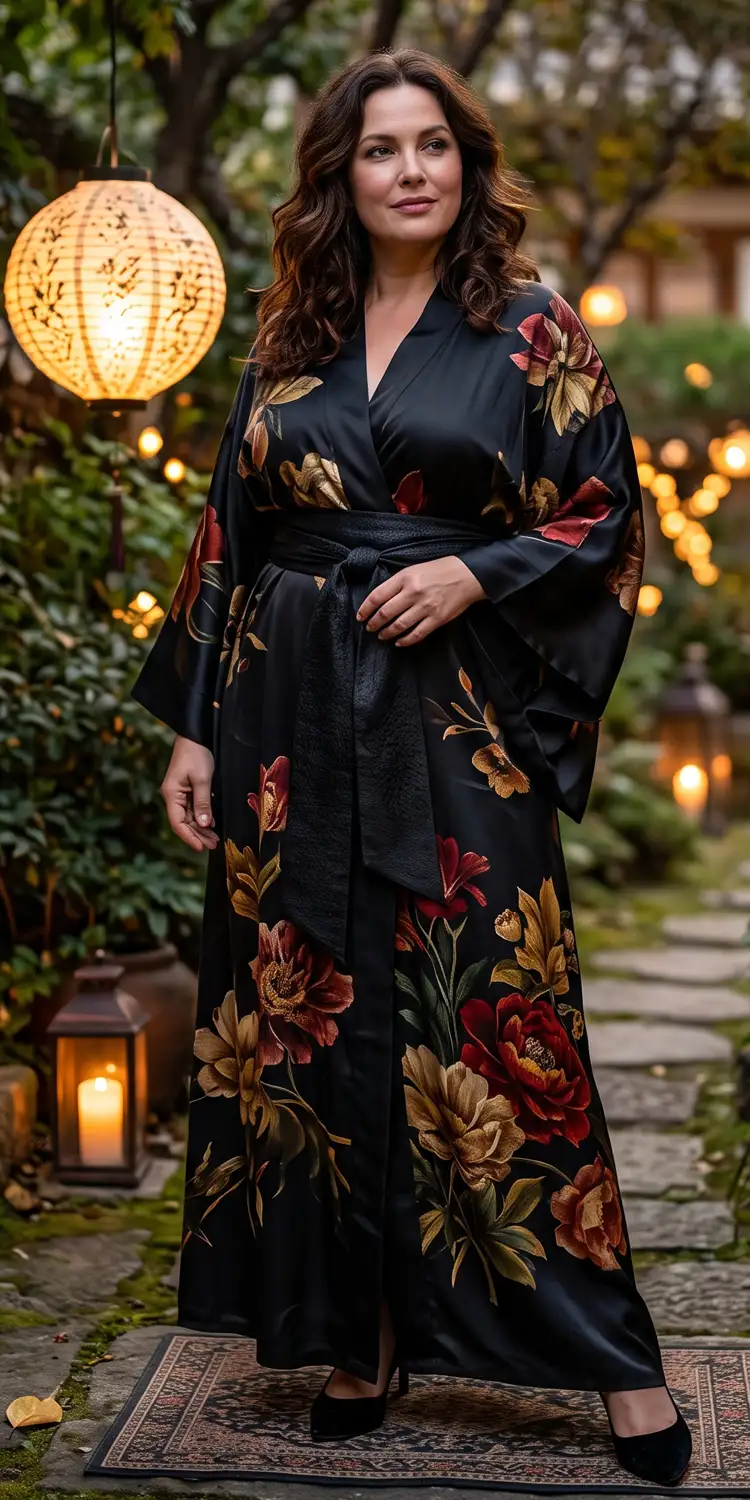 Floor-Sweeping Kimono Wrap Gown in Moody Dark Florals