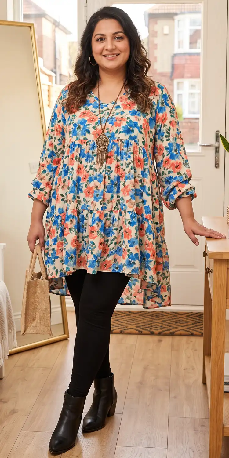 Flowy Floral Babydoll Tunic Anchored by Pointed Leather Ankle Boots