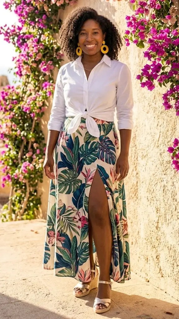 Bold Floral High-Slit Maxi Skirt Anchored by a Knotted White Shirt