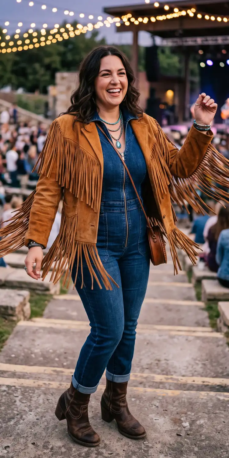 Western Fringe Suede Jacket Thrown Over a Dark Rinse Stretch Jumpsuit