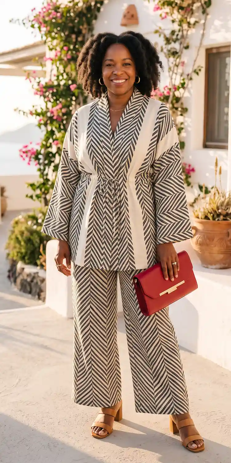 Geometric Stripe Kimono Tunic with Cinched Waist and Wide-Leg Trousers