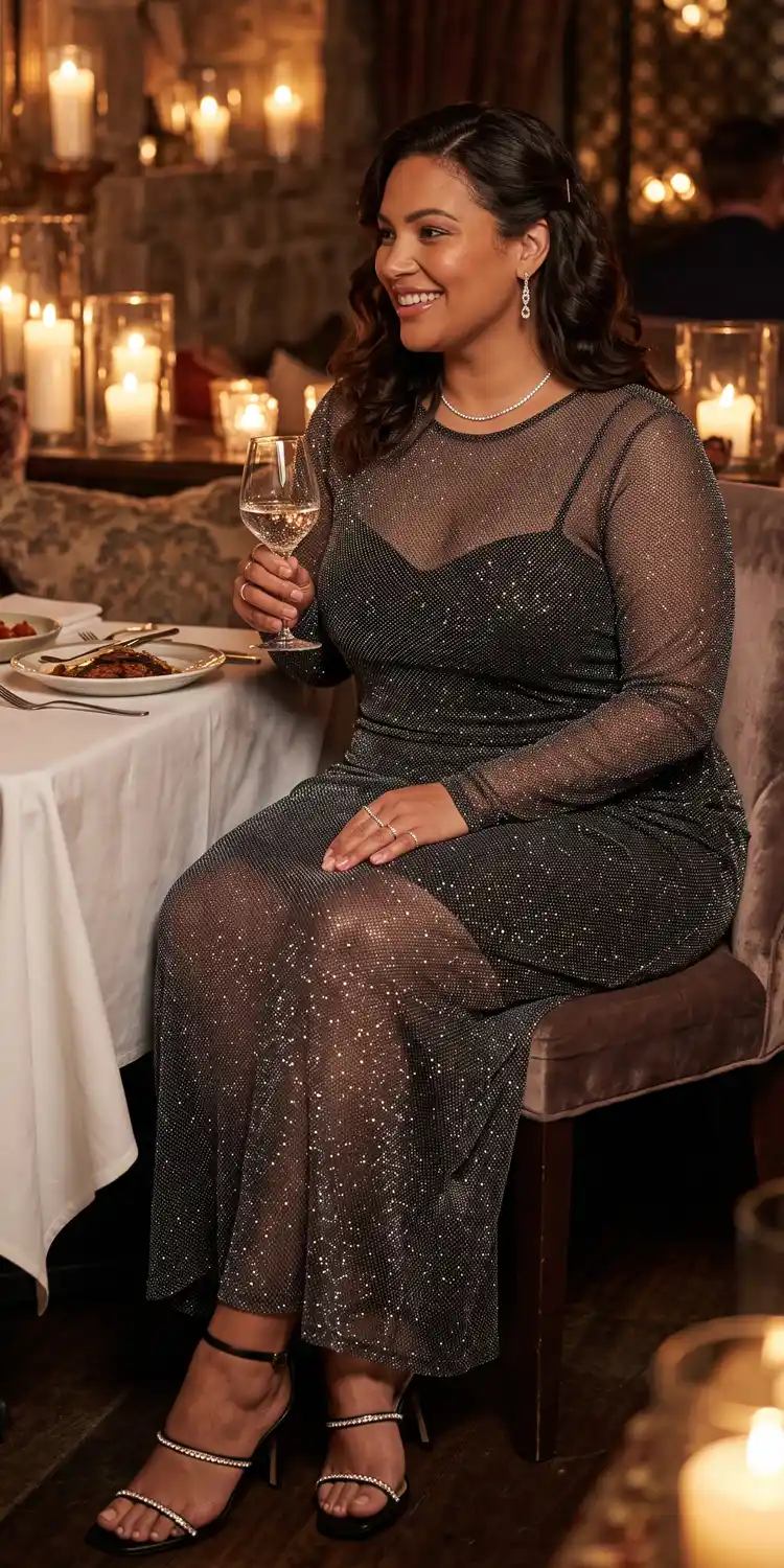 Glitter Mesh Column Dress Over a Sculpting Base