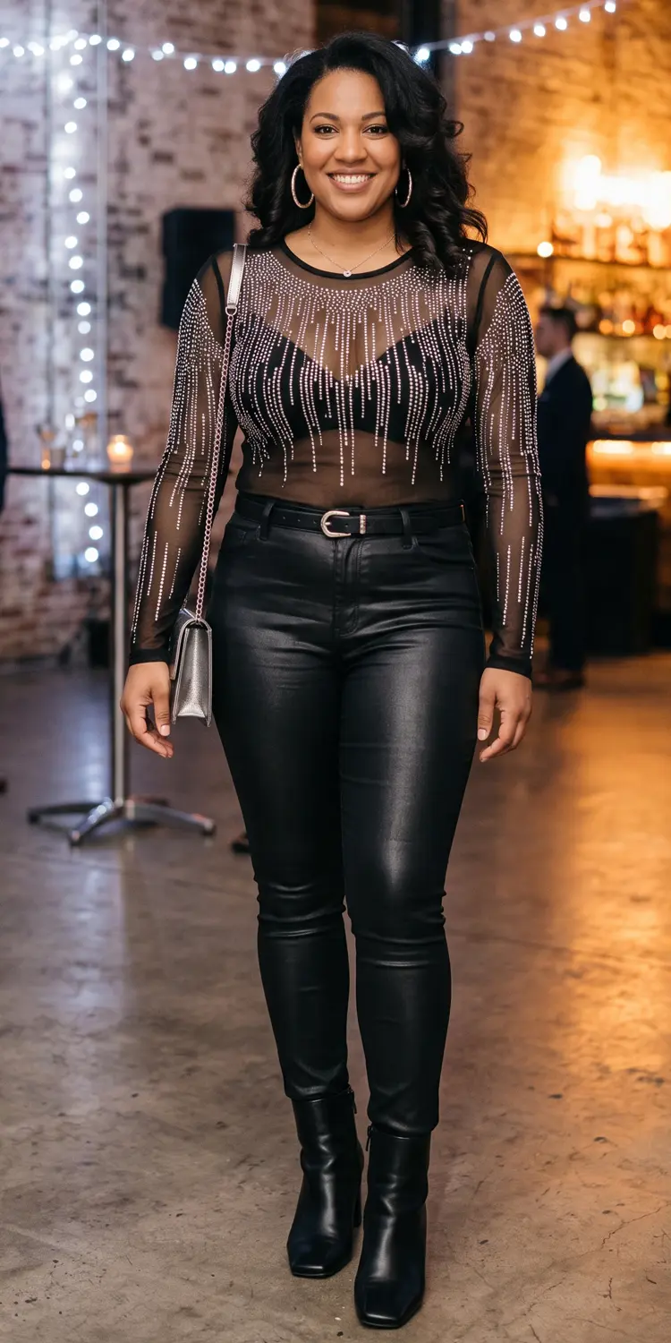 Glossy Coated Denim with a Crystal-Dripped Mesh Top