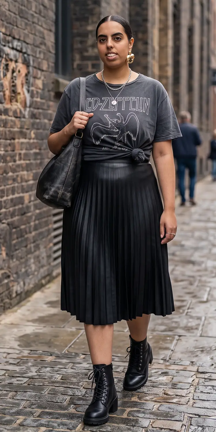 Vintage Band Graphic Tee Knotted Over a Pleated Faux Leather Midi Skirt