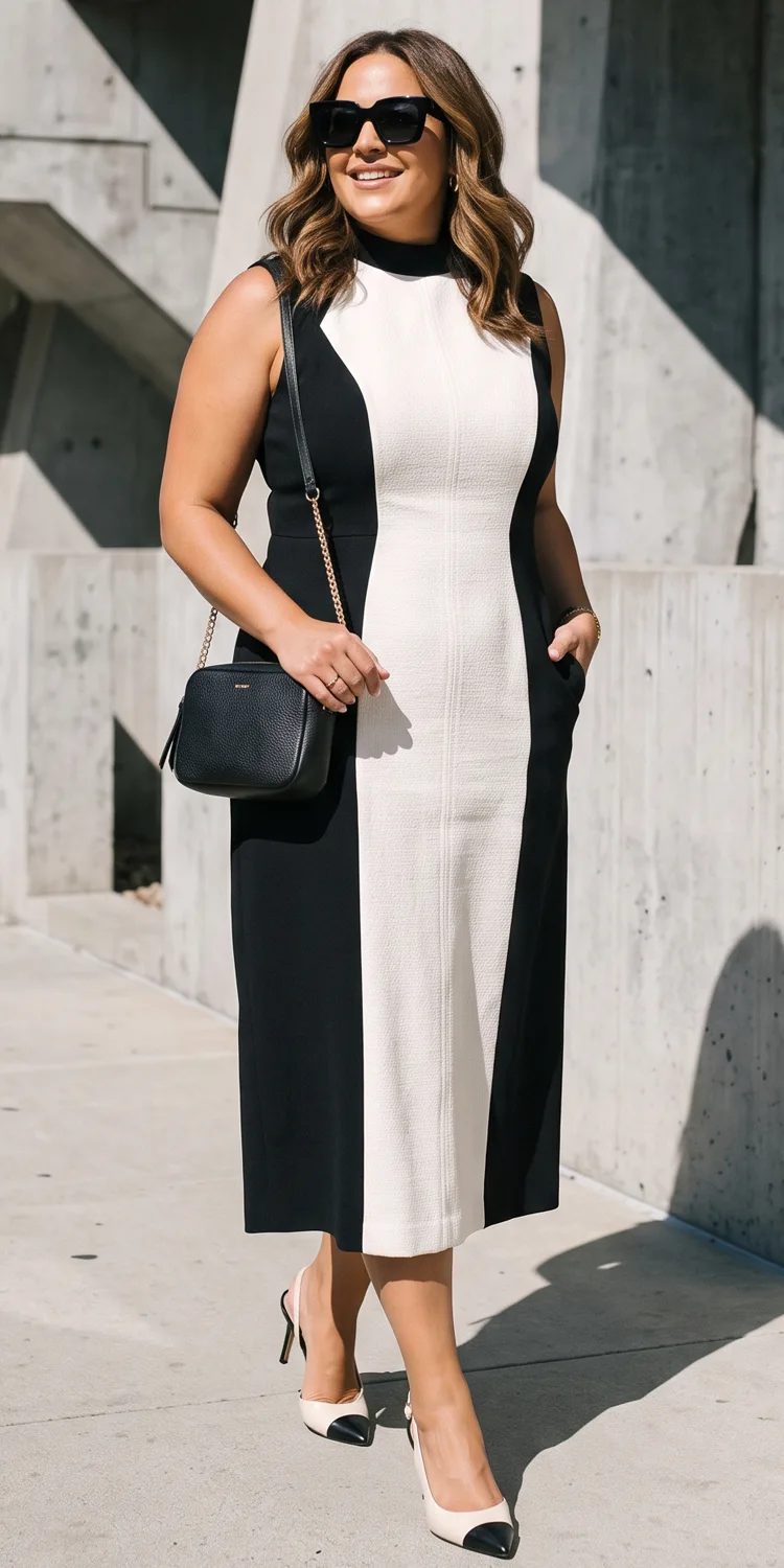 Graphic Monochrome Bodycon with Vertical Colorblocking