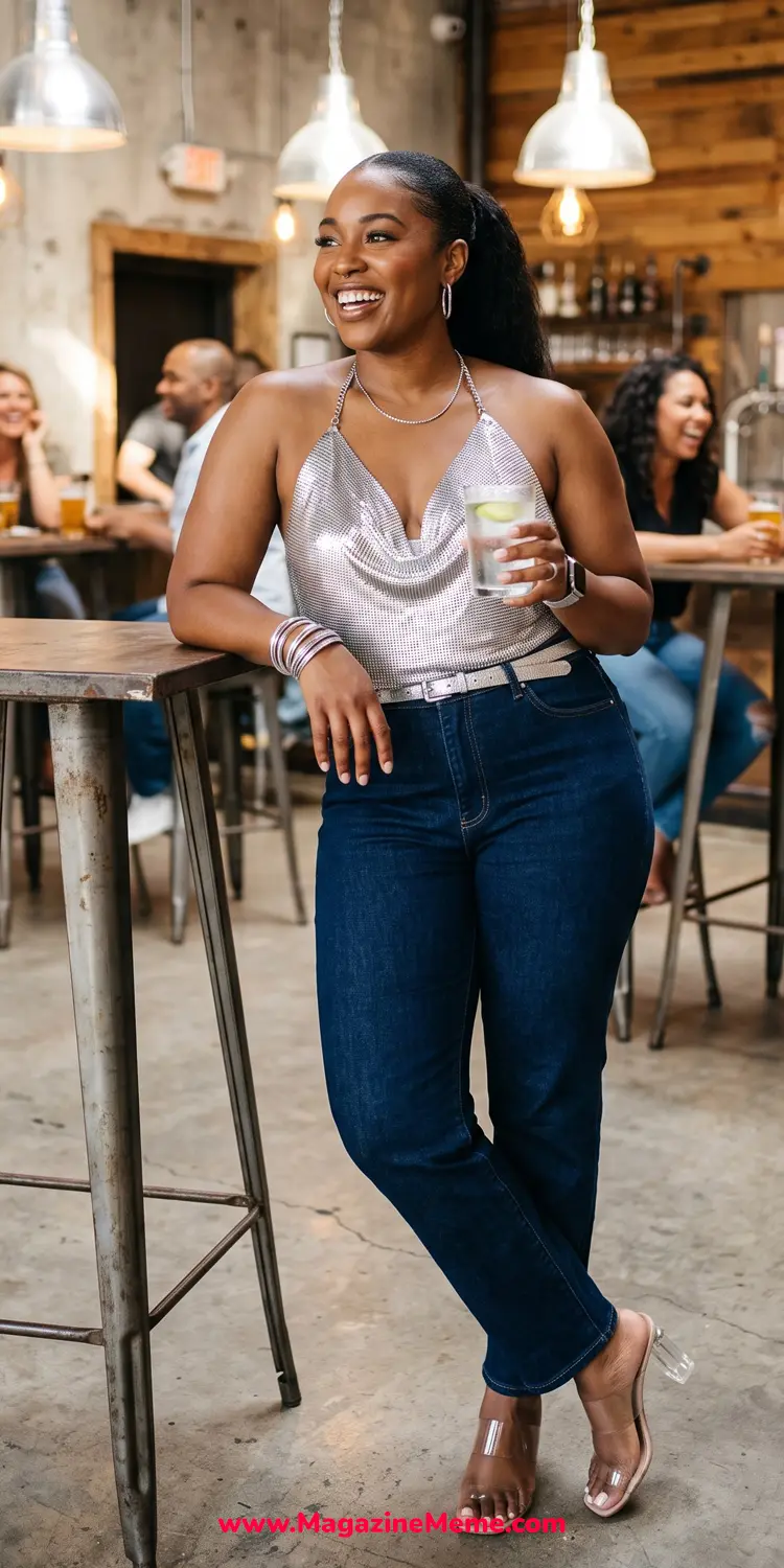 Slinky Halter Chainmail Top Tucked into Relaxed Dark Denim