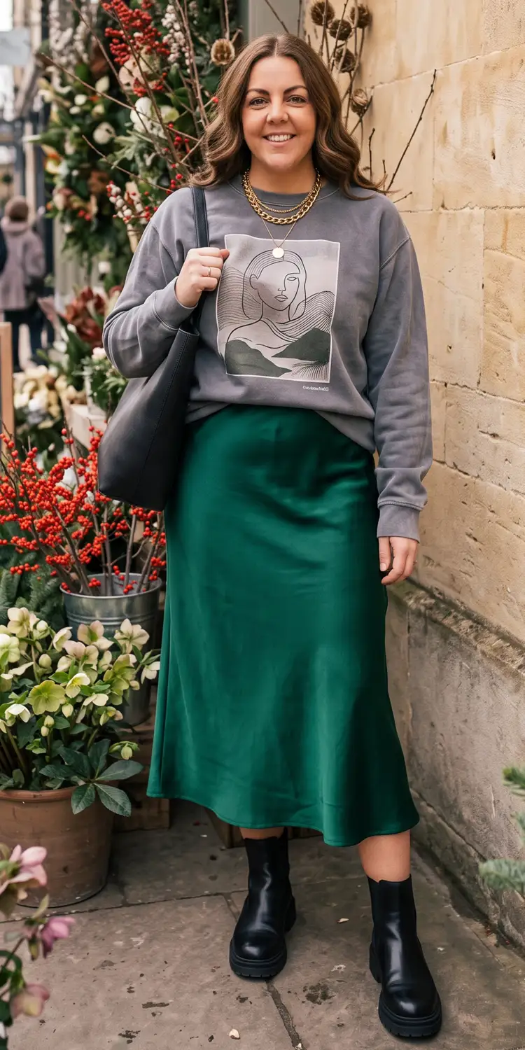 Heavyweight Graphic Crewneck Over a Bias-Cut Satin Skirt and Combat Boots