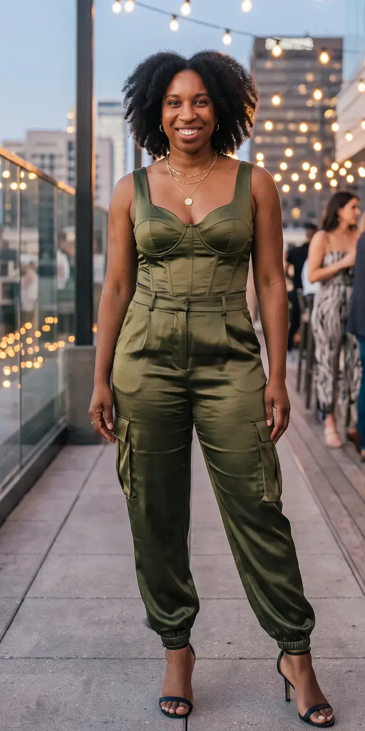 Heavyweight Satin Cargo Joggers with a Boned Sweetheart Bustier