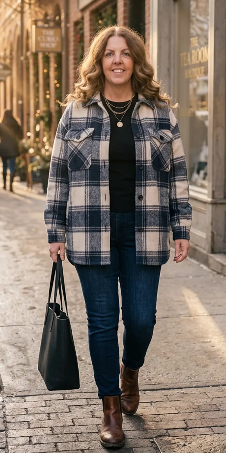Heavyweight Wool Shacket Styled Over a Thermal Base and Dark-Wash Denim