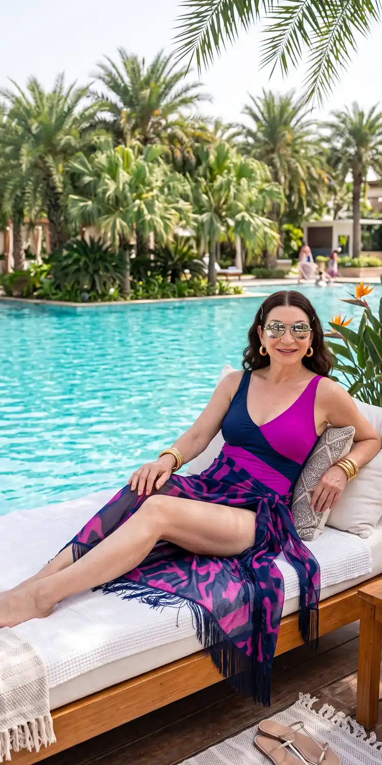 High-Cut Colorblock Swimsuit Paired with a Sheer Printed Sarong