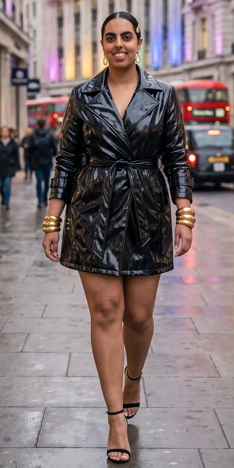 High-Gloss Trench Worn Closed as a Dress with Minimalist Strap Sandals