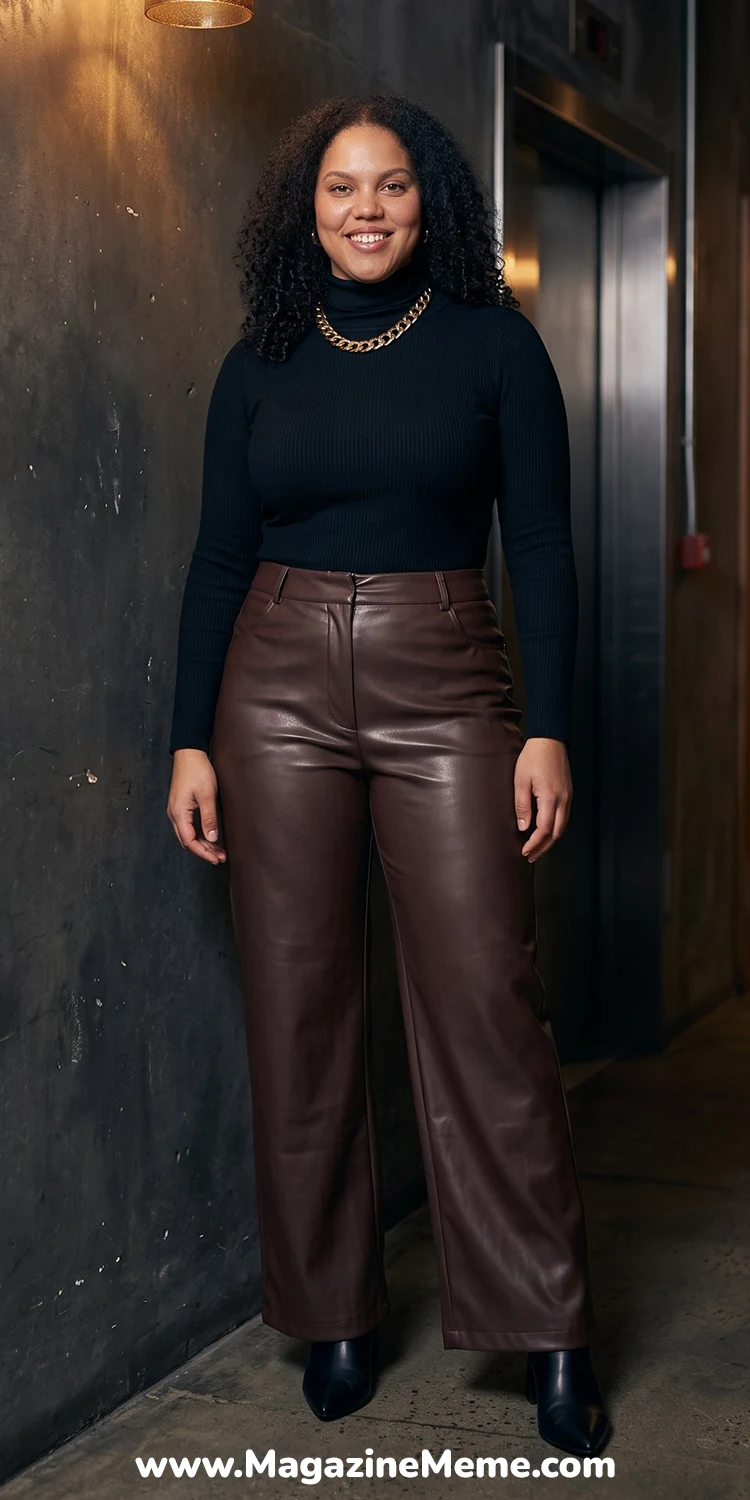 High-Neck Bodysuit with Faux Leather Trousers