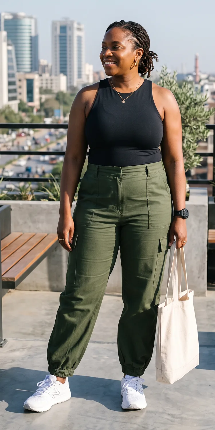High-Rise Cargo Trousers Balanced with a Sleek Compression Tank
