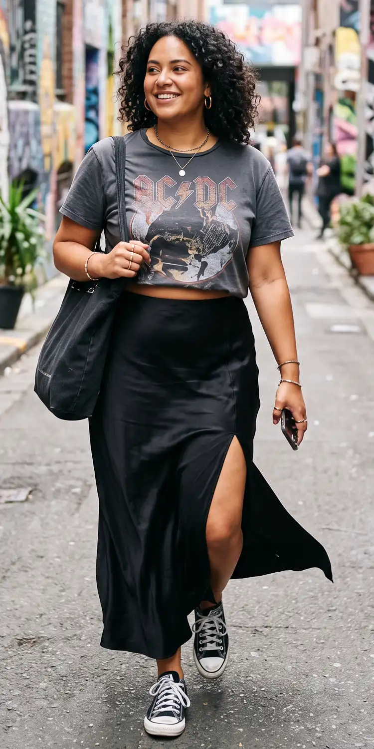 High-Slit Satin Maxi Skirt Paired with a Fitted Graphic Tee