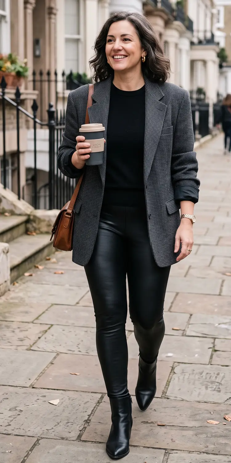 High-Waist Faux Leather Leggings with an Oversized Boyfriend Blazer